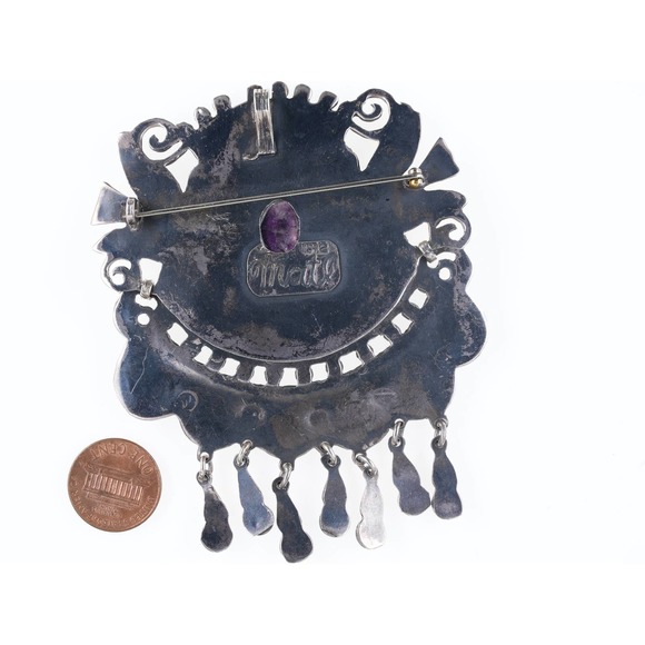 Large Vintage Matl Sterling Turquoise Amethyst repousse birds pendant/pin - Picture 5 of 5